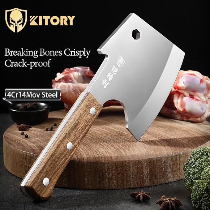 Kitory Meat Cleaver 6 Inch Bone Chopper Knife - Heavy Duty Butcher Cleaver with Wood Handle, High Carbon Stainless Steel Blade, Professional Kitchen Bone Breaker for Home & Commercial Use