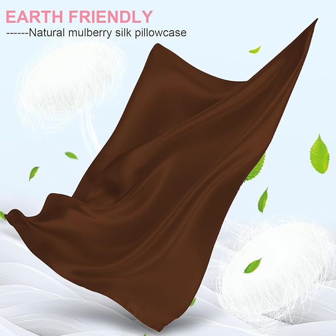 Silk Pillow Cases 2 Pack Queen Size with Hidden Zipper, Mulberry Silk Pillowcase for Hair and Skin, Smooth and Soft Breathable Cooling Silk Satin Pillowcase Set of 2, Gifts for Women，Brown