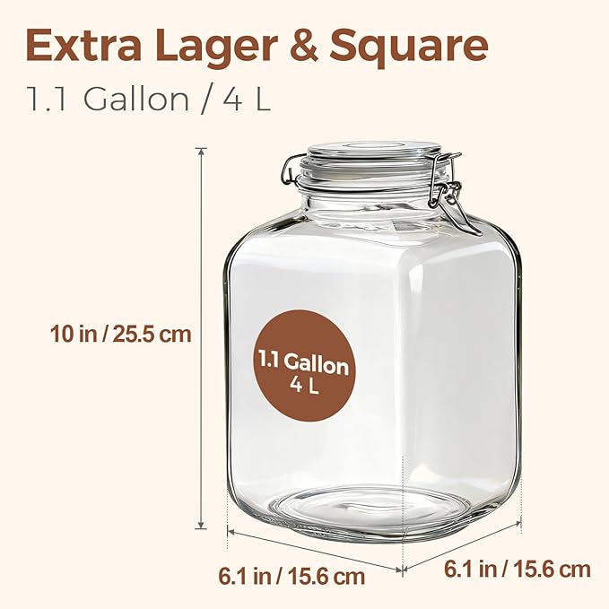 ComSaf Square Glass Pantry Jars with Airtight Lids 1.1 Gallon 2 Pack Large