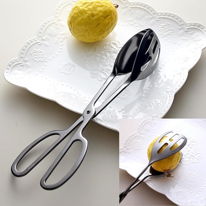 IAXSEE 2 Pieces Buffet Salad Tongs for Kitchen Serving and Cooking, Stainless Steel Food Scissor Tongs, Catering Utensil for Bread Cake Bake Steak Barbecue (Black)