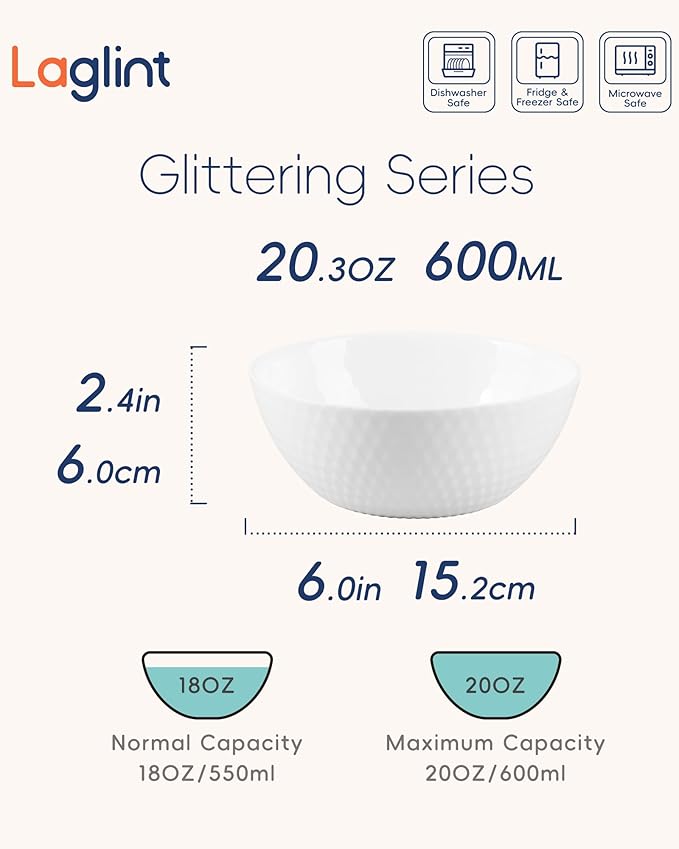 LaGlint 20 OZ Max White Opal Glass Cereal Bowl Set of 6, 6 Inch