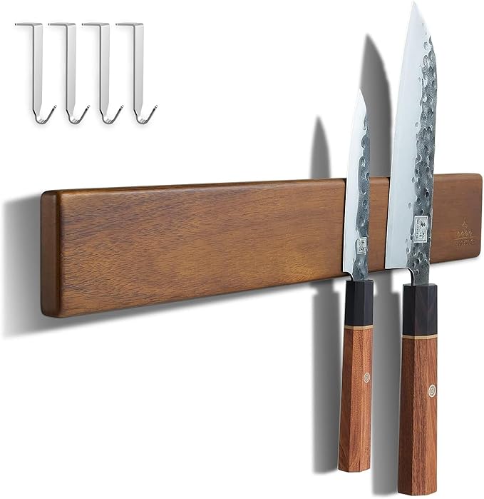 ENOKING 16 Inch Magnetic Knife Holder for Wall - Acacia Wood Knife Strip with Gold-Stamping Magnetic Gift Box - Powerful Knife Bar with 4 Hooks, No Drilling or Screw Mount