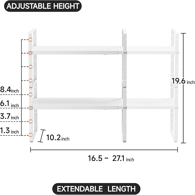 jkxoo 2Pcs Expandable Cabinet Shelf Organizers, 16.5"~27''L, White