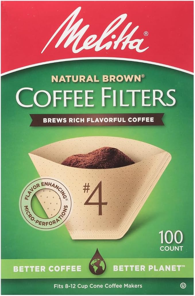 Melitta #4 Unbleached Coffee Filters, Premium, Natural Brown, Flavor Enhancing Coffee Filters for 8-12 Cup Coffee Makers, Kosher Certified, Compostable, 100 Count (Pack of 6)