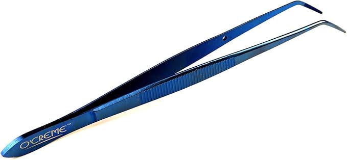 O'Creme Curved Tweezers Fine-Point Stainless Steel 6.25 Inch Blue