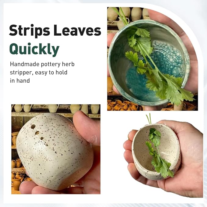 Pottery Herb Stripper Bowl, Upgrade Pottery Herb Stripper Cup Ceramic Herb Peeling Cup, Handmade Different Round Hole Sizes Suitable for Peeling Off The Leafy Assembly (B)