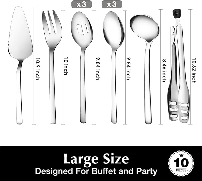 KINGSTONE 10 piece Large Hostess Serving Utensils Set,18/10 Stainless Steel