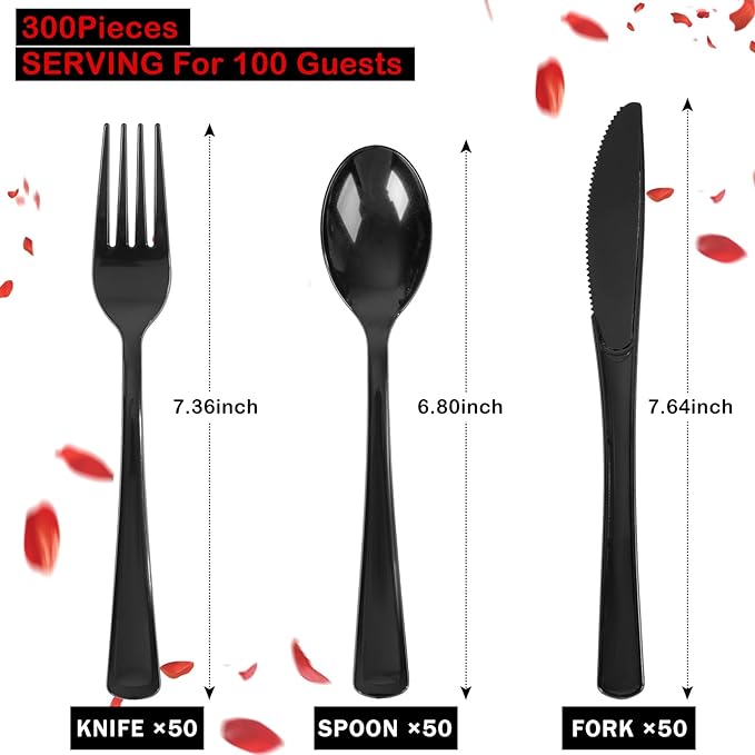 Supernal 300pcs Black Plastic Silverware, Disposable Cutlery Set