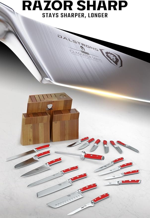 Dalstrong 18-Piece Gladiator Colossal Knife Block Set (Red Handles) — German High-Carbon Steel, Full-Tang, Hand-Sharpened — For Home Chefs, Wedding Registries & Serious Kitchens — Acacia Block, NSF