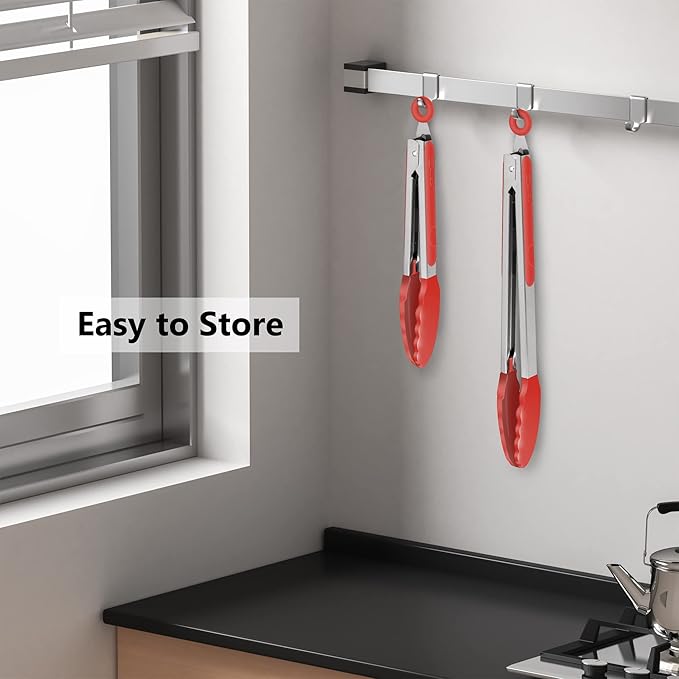 2 Pack Silicone Kitchen Tongs, 9 & 12 Inch, Stainless Steel, Red