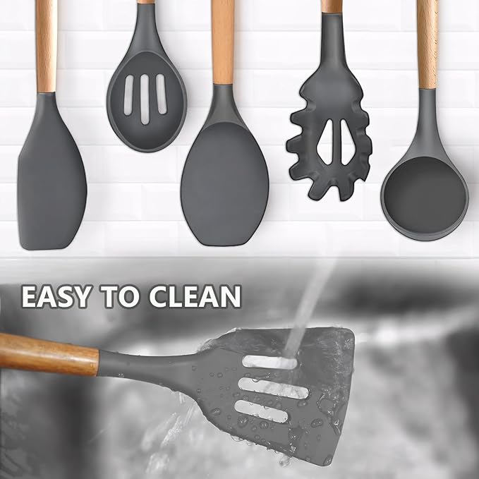 IOCBYHZ Kitchen Cooking Utensils Set, 6Pcs Silicone Kitchen Utensils Set Spatula Spoon Soup Ladle Turner, Heat Resistant Wooden Handle Silicone Cooking Gadgets for Nonstick Cookware & Baking BPA FREE