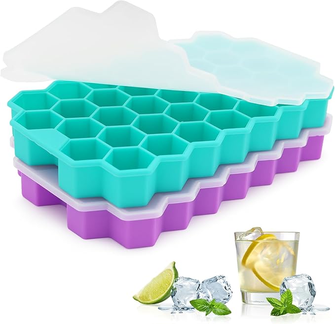Azyh Ice Cube Trays for Freezer, 2 Pack Ice Cube Tray with Lid, Silicone Ice Cube Mold with Lid-37 Grid,Easy-Release Reusable 74 PCS Small Ice Cubes for Iced Coffee Cocktail Whisky Chocolate Soup Food