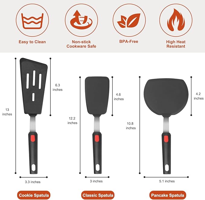 HOTEC Silicone Spatula Turner Set of 3, Heat Resistant 600°F & BPA-Free Flexible Rubber Spatulas for Nonstick Cookware, Kitchen Utensils for Flipping Eggs, Fish, Burgers, Pancakes, Cookie, Crepes