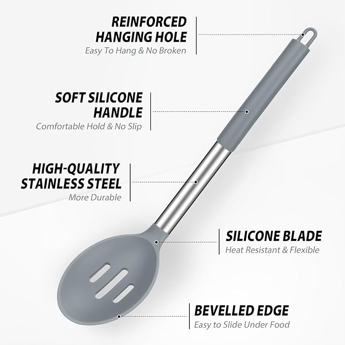 Pack of 2 Large Silicone Cooking Spoons, BPA Free Kitchen Scoops (Grey)