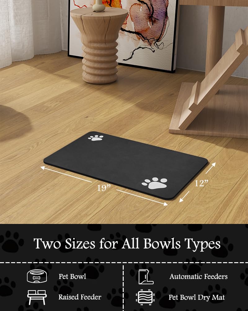 Pet Feeding Mat-Absorbent Dog Mat for Food and Water Bowl-No Stains Quick Dry Water Dispenser Mat-Dog Accessories Pet Supplies-Bowl for Messy Drinkers（Black,12"x19"