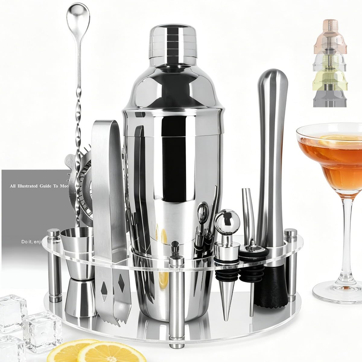 9-Piece Cocktail Shaker with Stand, 25oz Bartender Kit, Cocktail Shaker with Strainer Set, Bar Set Jigger for Bartending Drink Mixer Set, Cocktail Set Recipe (Silver)
