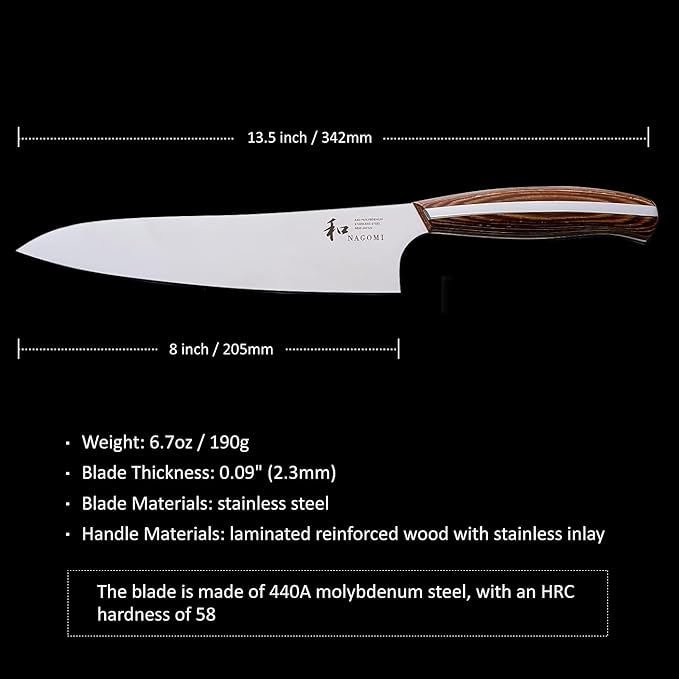 [NAGOMI] 8 inch Chef Knife | Stainless Steel HRC58 Professional Japanese Kitchen Cooking Knife with Ergonomic Handle for Thick Meat and Fish | Stylish Gift Box