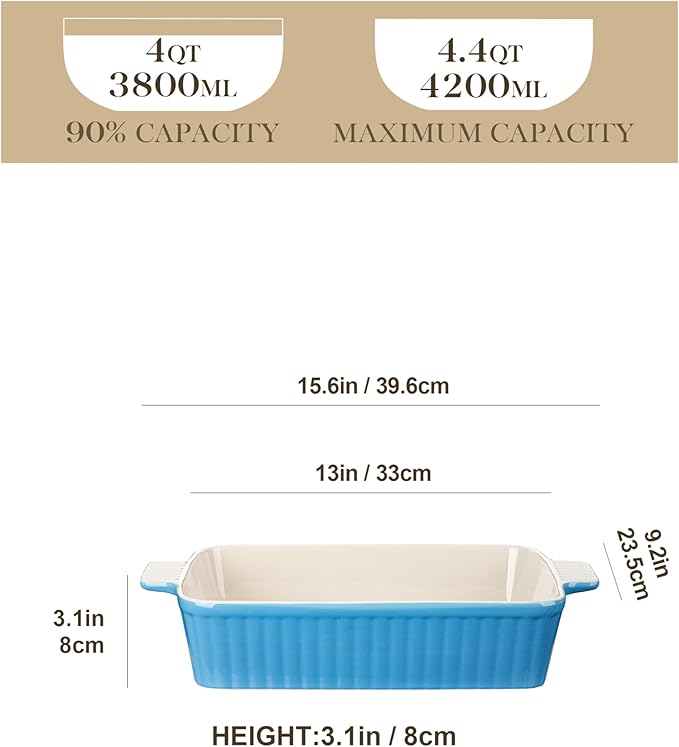 MALACASA 4.4 QT Ceramic Casserole Dishes for Oven, 9x13 Baking Dishes, Blue
