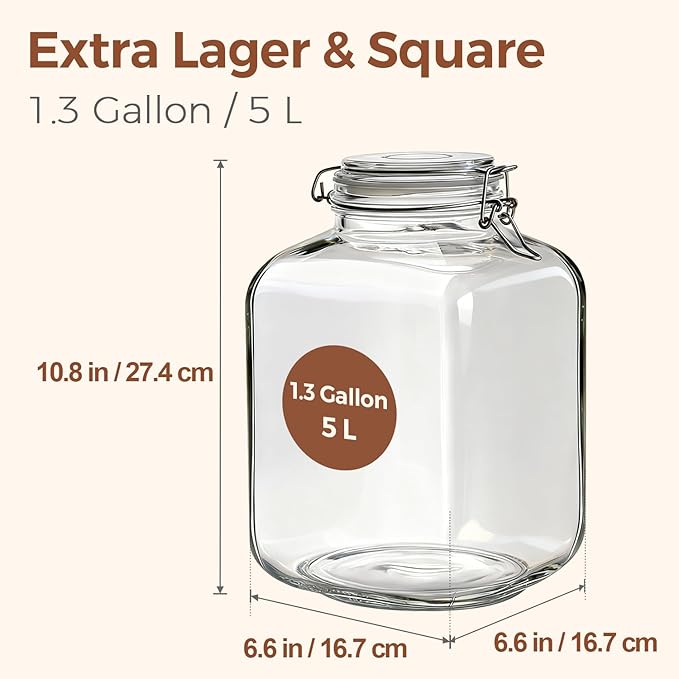 ComSaf Square Glass Jars with Airtight Lid 1.3 Gallon 2 Pack Large Canister