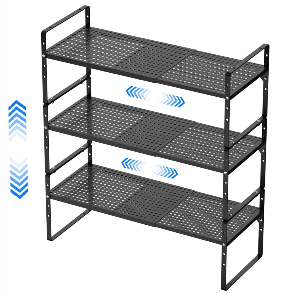 MIYUPTC Expandable Cabinet Shelf Organizers, Stackable Cabinet Pantry Counter Under Sink Shelves Storage Shelf Rack for Kitchen Home Office, 10.24" W Black, 3 Pack