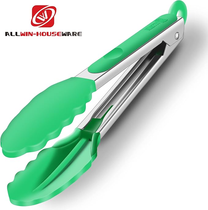 2 Pack Silicone Kitchen Tongs – 9" & 12" Set, Heat Resistant up to 500°F, Non‑Stick Cookware Safe, Wavy Silicone Tips, BPA Free, Locking Clip & Hanging Loop, Dark Green
