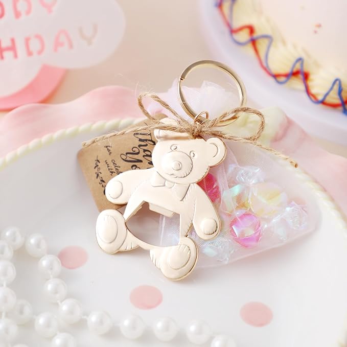 Uezea Bottle Openers Baby Shower Return Favors for Guests Cute Bottle Opener Decorations and Souvenirs with Organza Bags Tags for Theme Party Favors (Retro Style,73 pieces) (Teddy bear)