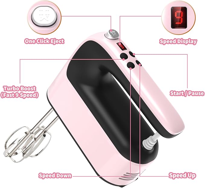 Yomelo 9-Speed Digital Hand Mixer Electric, 400W Powerful DC Motor, Hand Mixer Electric Handheld with Snap-On Storage Case, 5 Stainless Steel Accessories, Beaters, Dough Hooks, Whisk(Pink/Black)