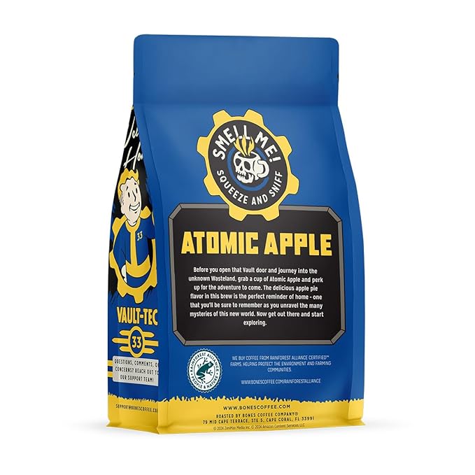 Bones Coffee Company Fallout Atomic Apple, Apple Pie Flavored Coffee, Medium Roast Low Acid Arabica Beans Compatible with Auto drip and French Press Coffee Maker, 12 Oz Ground