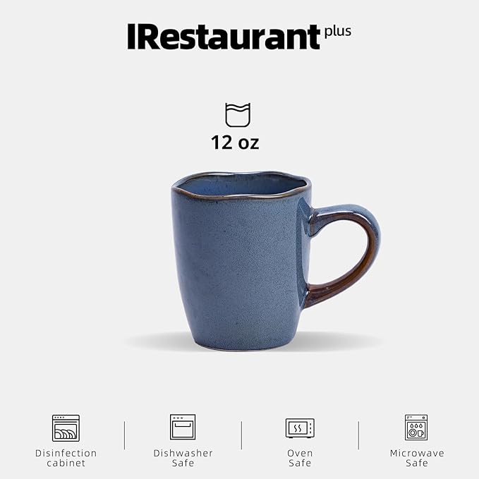 Organic Shape Highland Ceramic Mug, 24pcs 12oz Handmade Reactive Glaze Stoneware Coffee Mug with Wavy Edge, for Kitchen, Microwave & Dishwasher Safe, Scratch Resistant-Blue