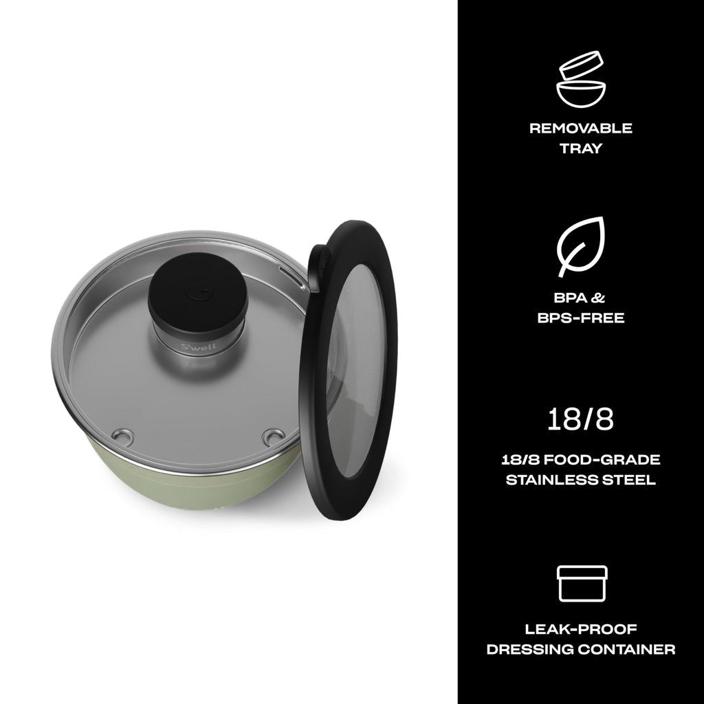 S'well Stainless Steel Salad Bowl Kit 64oz, Mountain Sage, Comes with 2oz Mini Canister and Removable Tray for Organization, Leakproof, Easy to Clean, Dishwasher Safe
