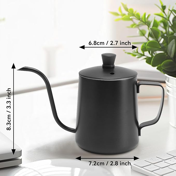 Pour Over Kettle, 12oz Stainless Steel Gooseneck Spout Pour Over Coffee Kettle, Long Narrow Drip Spout Coffee Tea Pots for Precision Pouring, Home Brewing, Camping (12oz, Black with Lid)