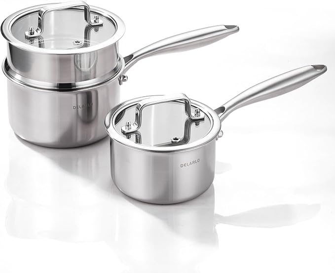 DELARLO Tri-Ply Stainless Steel Saucepan 1QT 2QT Kitchen Pot Set