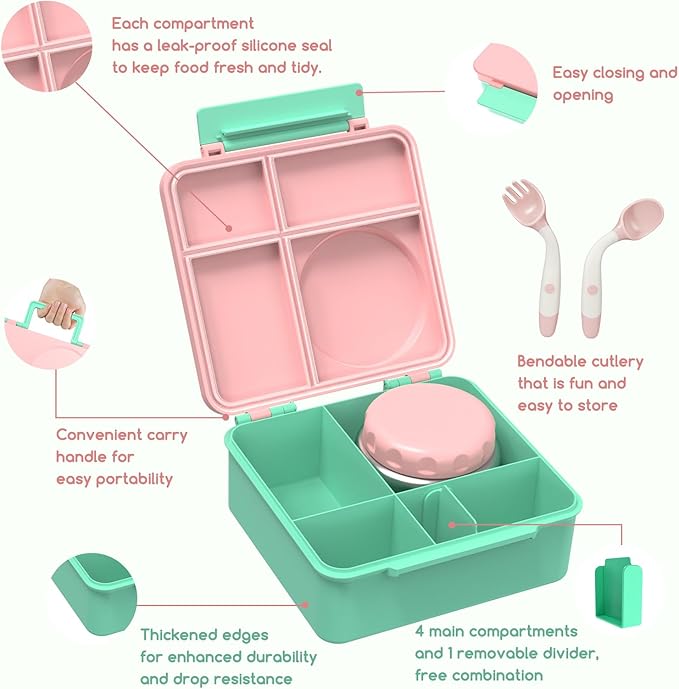 JoyYum Bento Box for Kids - Leak-Proof Bento Lunch Box with Insulated Thermo Food Jar - 4 Compartments, 1 Removable Divider, 1 Spoon, 1 Fork - Dishwasher Safe, BPA-Free (Light pink)