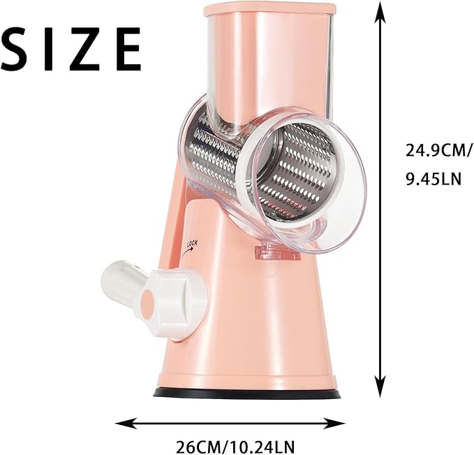Ancevsk Rotary Cheese Grater with Handle, Round Mandoline Speed Kitchen Slicer, 3 in 1 Multifunctional Vegetable Shredder Manual Nut Grinder for Nuts, Potato, Carrot, Cucumber (Pink)