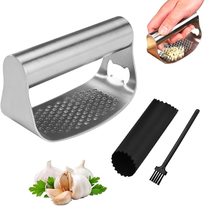 Koonafy Stainless Steel Garlic Presser, Upgraded Garlic Press Rocker Garlic Mincer Garlic Crusher with Peeler and Cleaning Brush, Garlic Chopper for Smash Garlic Kitchen Gadgets Tools, handhold