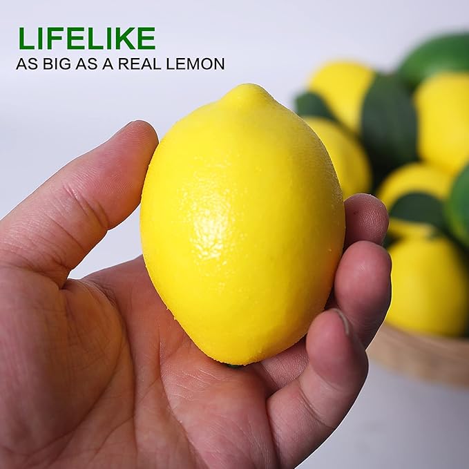 VEOAY Fake Fruit Artificial Lemons 24 Pcs, Faux Lemon Leaves 12 Pcs Lifelike Fake Lemon Decor for Kitchen Table Cabinet Party Plastic Fruits Photography Prop