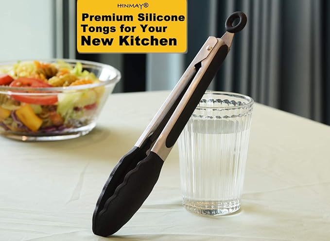 HINMAY 9-Inch Serving Tongs Silicone Tongs, Set of 3 (Black White Gray)