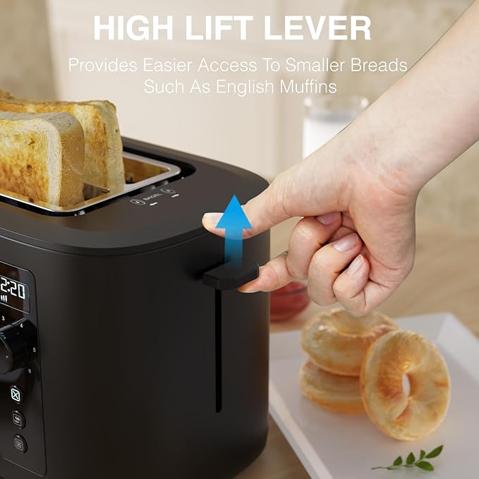 Anfilank Toaster 4 Slice Long Extra Wide Slot 1.5" with Countdown Timer, 6 Browning Settings, Built-in Warming Rack, Bagel/Cancel/Defrost Functions, Removable Crumb Tray-Matteblack