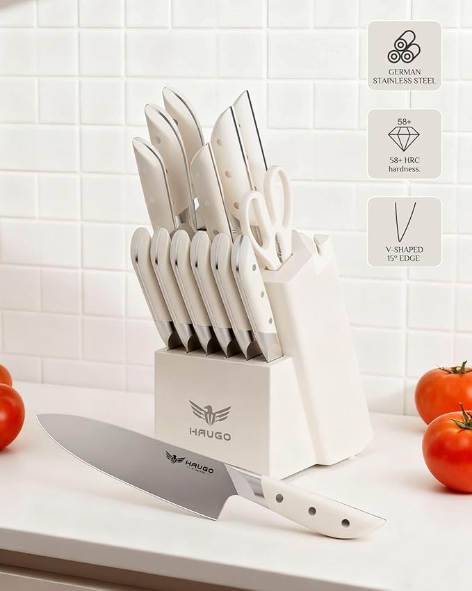 Haugo Kitchen Knife Set with Block: 14-Piece German Stainless Steel Full Tang Professional Knife - Comfortable Grip Reduces Hand Fatigue 30% - Dishwasher Safe & Sharpener - White Knife Set for Cooking