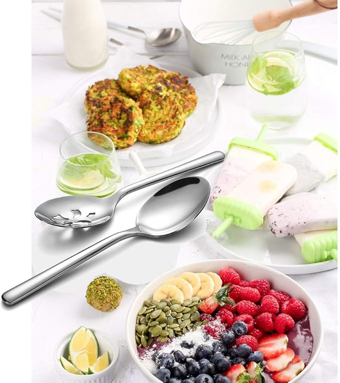 Enwinner Serving Spoons*2 Slot Spoons* 2 Forks *2 Buffet Colander Stainless Steel Banquet Set, Set of 6. Lenght 9" (6-spoon forks set)