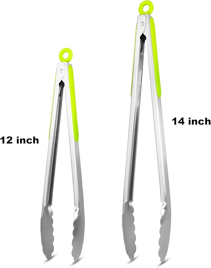 304 Stainless Steel Kitchen Cooking Tongs, 12 & 14 Inch, Set of 2, Green