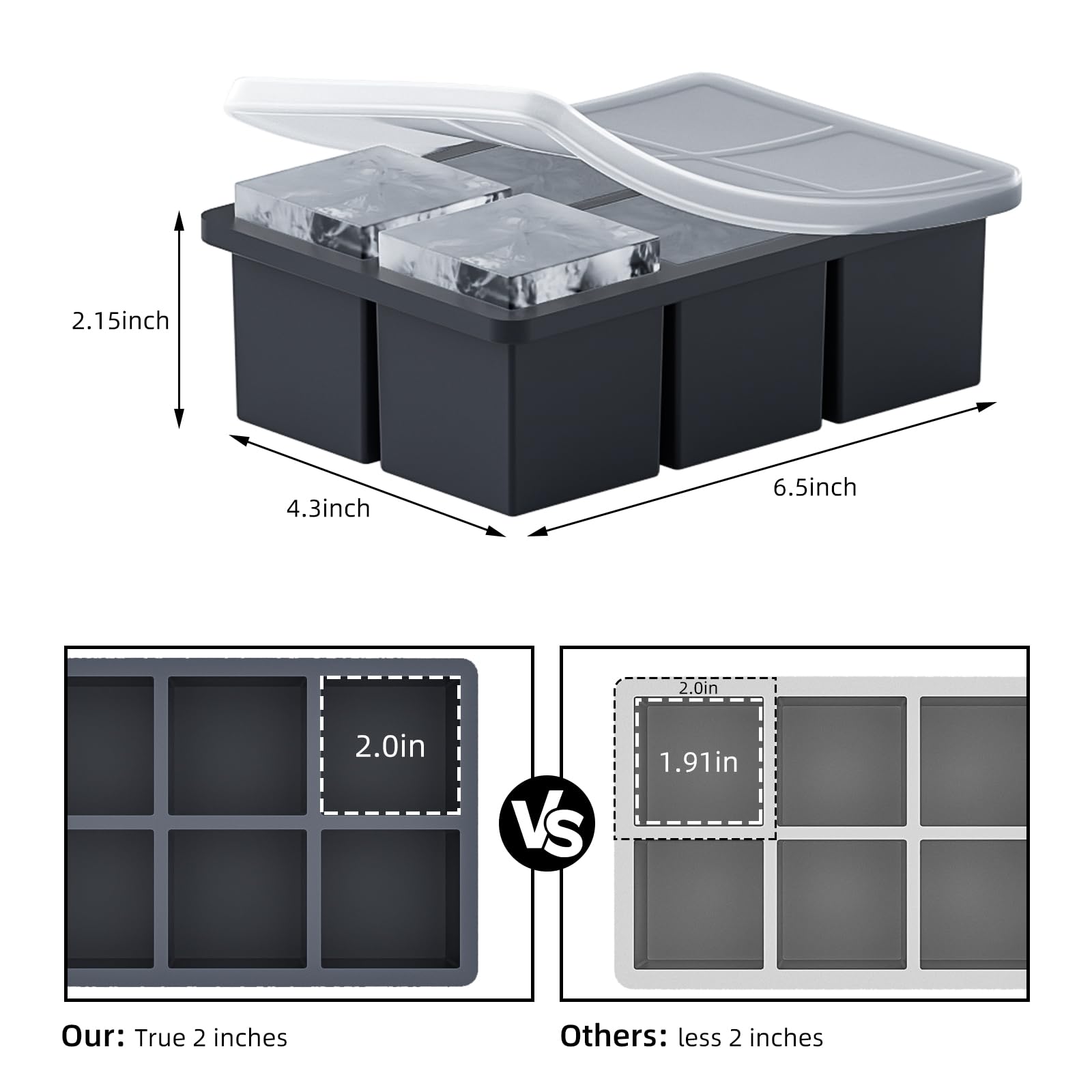 Large Ice Cube Tray for Whiskey 3 Pack, HANCELANT Big Silicone Square Ice Cube Mold with Removable Lid, 2'' Huge Square Ice Cubed Tray for Whisky and Cocktail
