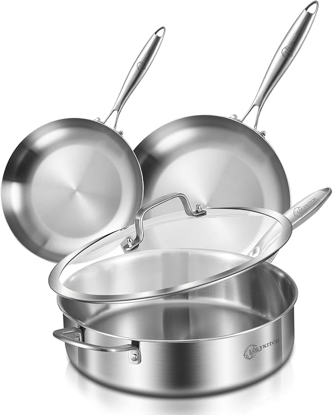 LOLYKITCH 8-10 Inch Frying Pans & 6-Quart Saute Pan with Lid | Set