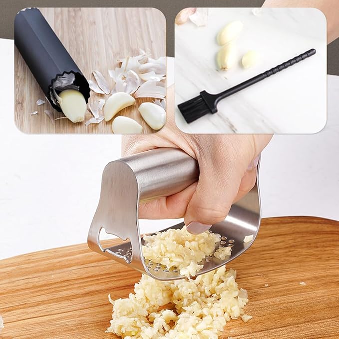 Koonafy Stainless Steel Garlic Presser, Upgraded Garlic Press Rocker Garlic Mincer Garlic Crusher with Peeler and Cleaning Brush, Garlic Chopper for Smash Garlic Kitchen Gadgets Tools, handhold