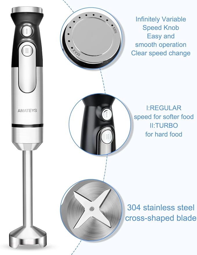 Amateys Handblender with Plug,Immersion Blender Handheld, Heavy-Duty Copper Motor, Detachable Stainless Blade Dishwasher Safe, 2 Modes with Pulse,Infinitely Variable Speed, Space-Saving Design