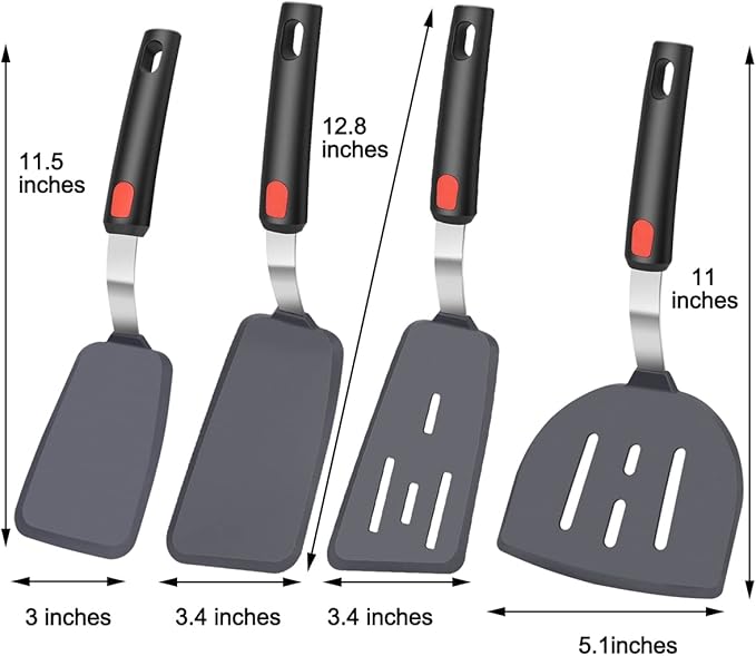 KLAQQED 4Pcs Spatula Silicone Heat Resistant Flexible Rubber Silicone Spatulas for Nonstick Cookware, Burger Pancake Spatula Turner Large Spatulas Set for Cooking Kitchen Utensils Set Black