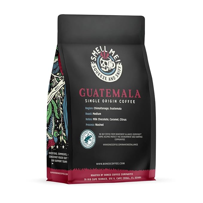 Bones Coffee Company Guatemala Single-Origin, Milk Chocolate, Citrus and Caramel Notes, Ground Coffee Beans, Low Acid Medium Roast Arabica Beans Flavored Coffee, 12 oz Ground