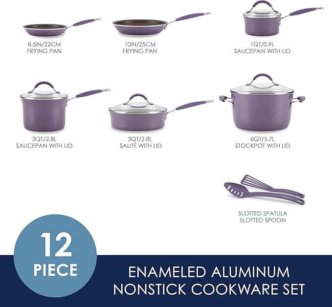 Rachael Ray Cucina Nonstick Cookware, Lavender Purple Pots and Pans Set, 12-Piece