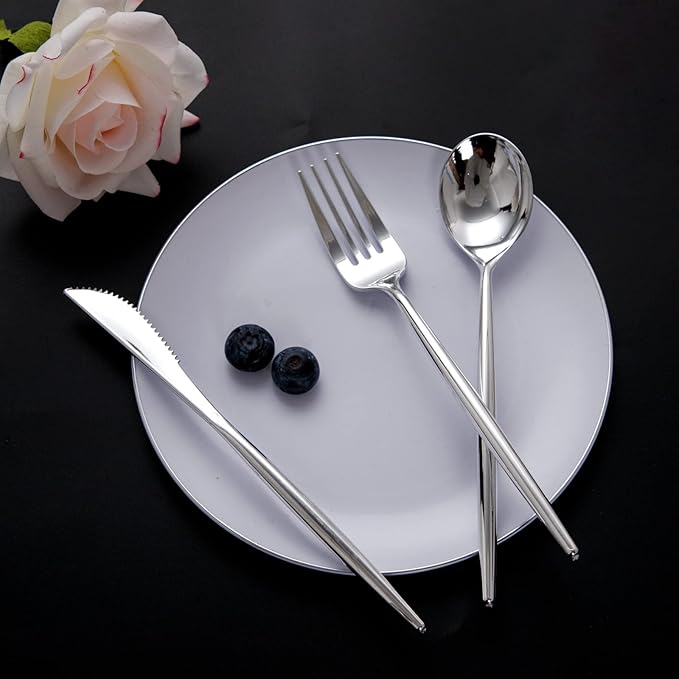 SUT 150Pcs Silver Plastic Silverware Set, Heavy Duty Disposable Cutlery Includes 50 Forks, 50 Spoons and 50 Knives for Party, Wedding and Catering