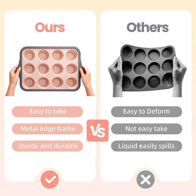 BHNJUTM 12-Cup Silicone Muffin Pan for Baking - Premium Nonstick Muffin Tin with Metal Reinforced Frame, Easy to Clean Silicone Cupcake Molds, Dishwasher & Oven Safe BPA Free (one pink)